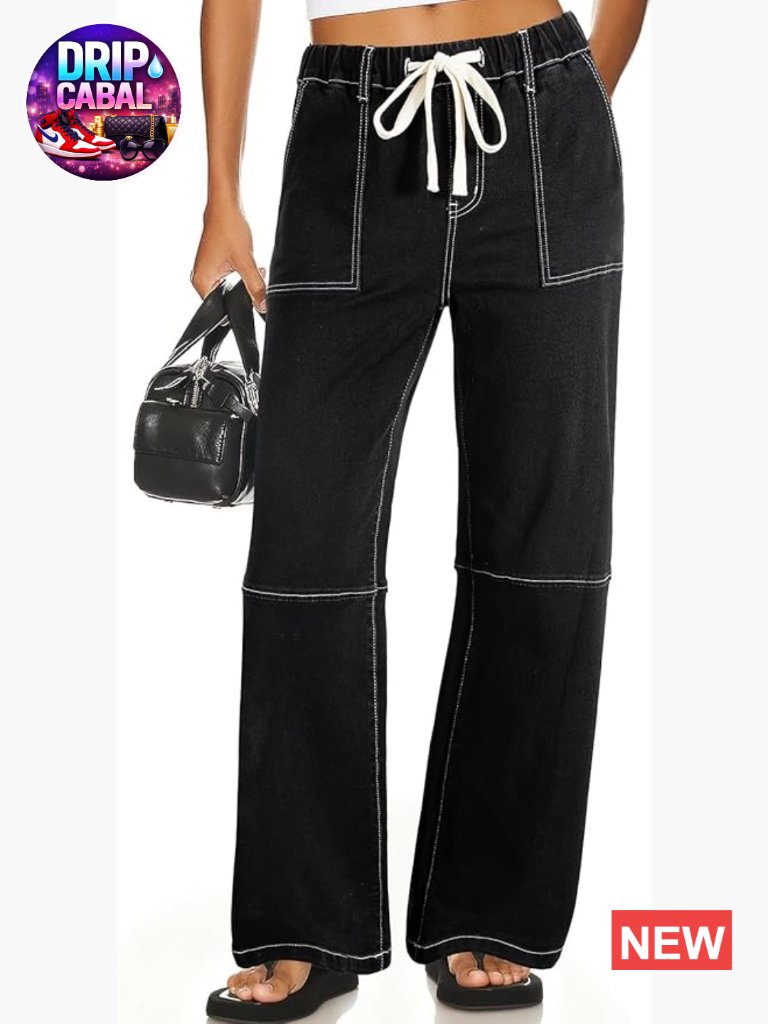 High Waisted Wide Leg Stretchy Drawstring Pull On Denim Jeans